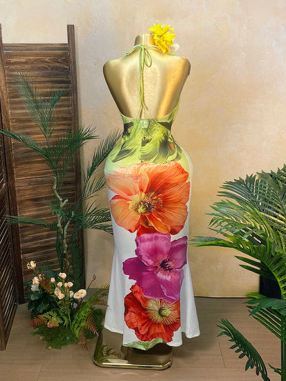 Rovax Women White Floral Deep V Backless Spaghetti Strap Dress,Summer Casual Holiday Vacation Holiday Extra Long Floral Print Fitted Beach Party Wear