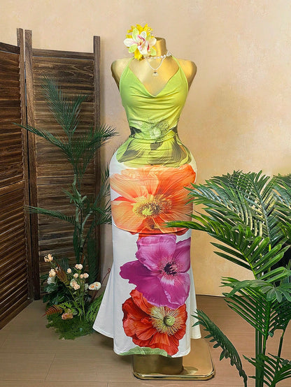 Rovax Women White Floral Deep V Backless Spaghetti Strap Dress,Summer Casual Holiday Vacation Holiday Extra Long Floral Print Fitted Beach Party Wear