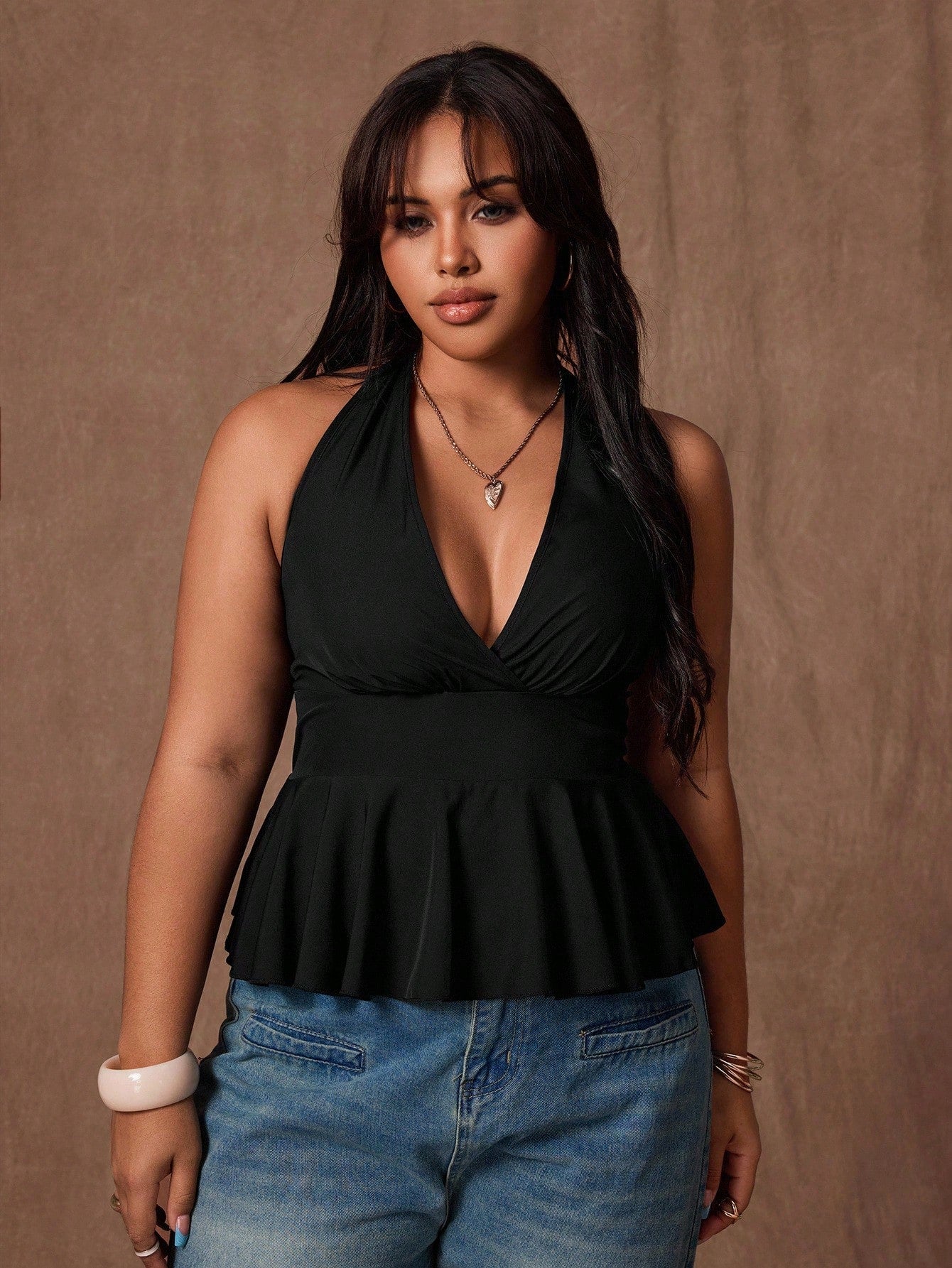 Rustia Plus Size Women's Sexy Black Backless Halter Top CASUAL
