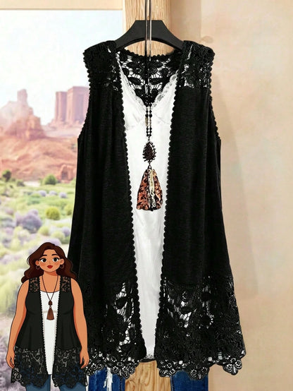 Rusticease Plus Size Solid Color Hollow Out Sleeveless Long Jacket Winter Fall Autumn