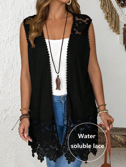 Rusticease Plus Size Solid Color Hollow Out Sleeveless Long Jacket Winter Fall Autumn