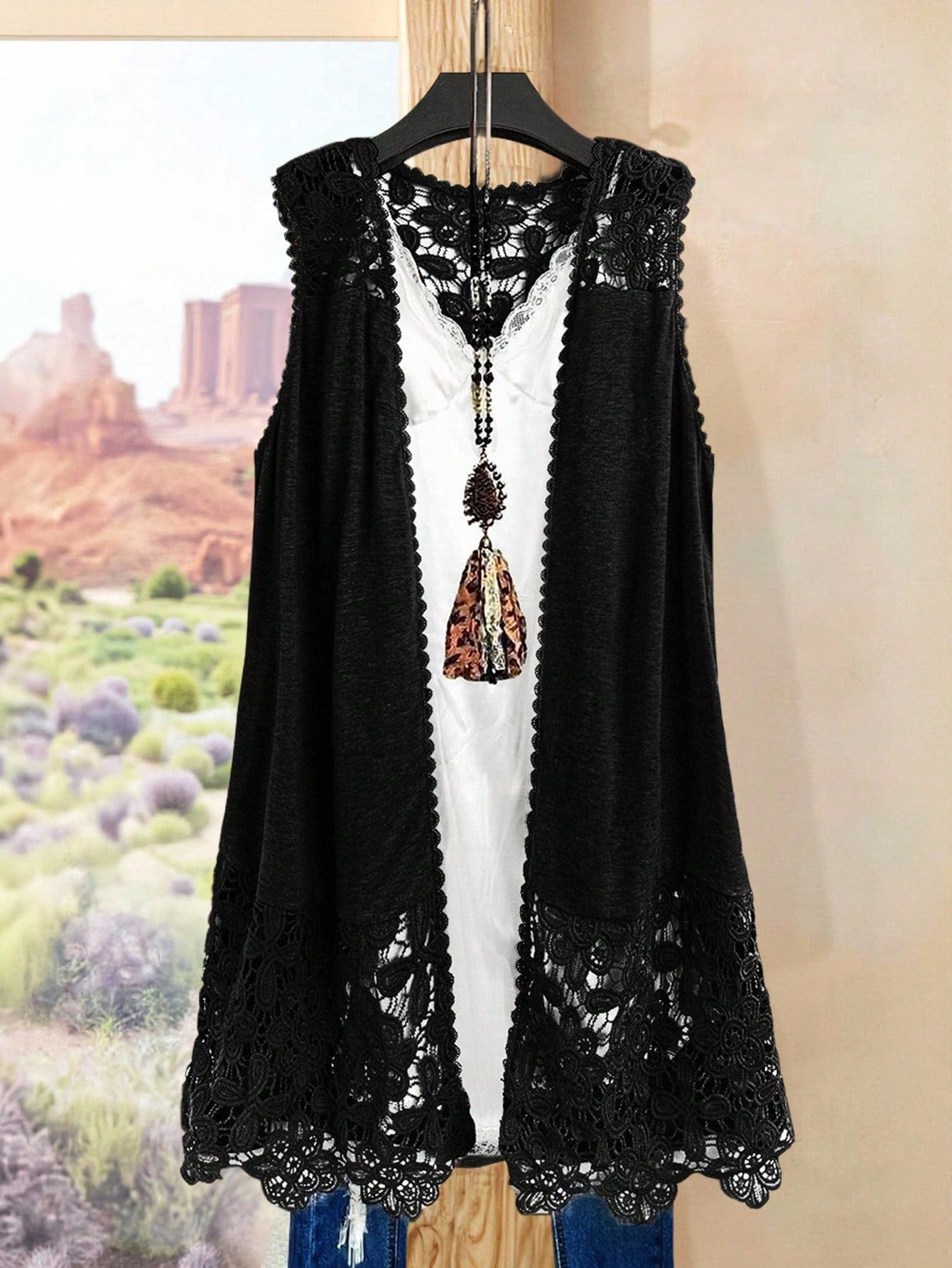 Rusticease Plus Size Solid Color Hollow Out Sleeveless Long Jacket Winter Fall Autumn