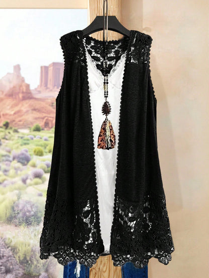 Rusticease Plus Size Solid Color Hollow Out Sleeveless Long Jacket Winter Fall Autumn