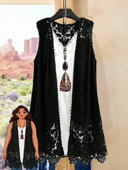 Rusticease Plus Size Solid Color Hollow Out Sleeveless Long Jacket Winter Fall Autumn