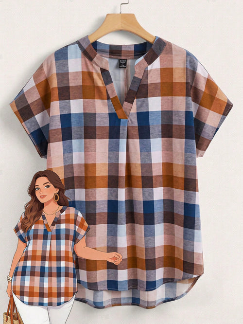 Rusticease Plus Size Women Plaid Minimalist Modest Traditional Casual Short Sleeve Blouse, Summer Top Spring Festival For Vacation Holiday Office All White