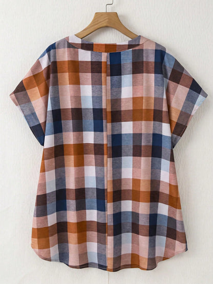 Rusticease Plus Size Women Plaid Minimalist Modest Traditional Casual Short Sleeve Blouse, Summer Top Spring Festival For Vacation Holiday Office All White