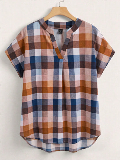 Rusticease Plus Size Women Plaid Minimalist Modest Traditional Casual Short Sleeve Blouse, Summer Top Spring Festival For Vacation Holiday Office All White