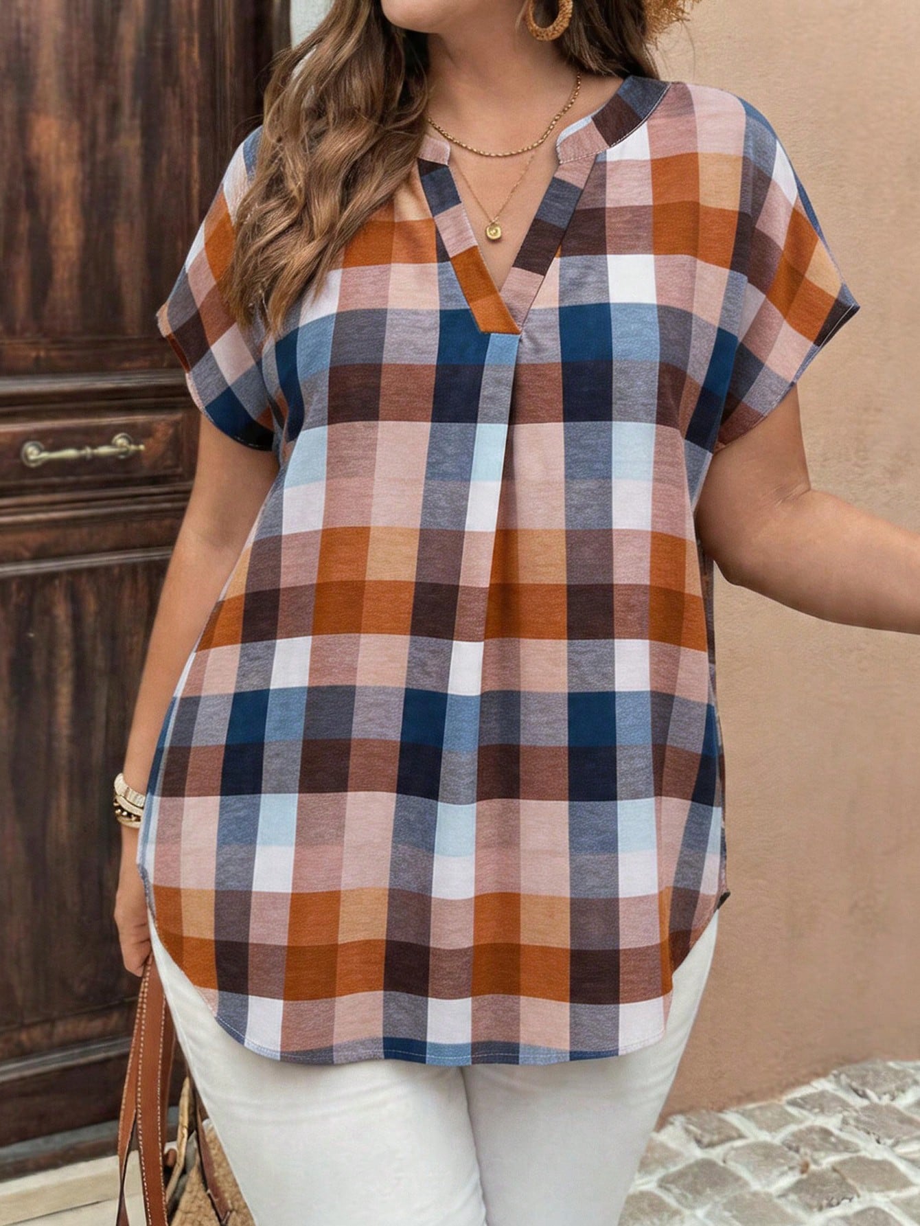 Rusticease Plus Size Women Plaid Minimalist Modest Traditional Casual Short Sleeve Blouse, Summer Top Spring Festival For Vacation Holiday Office All White