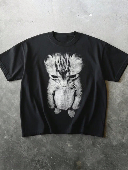Sad Kitten Standing Cat T-Shirt With Printed Round Neck, Casual Summer Black Clothing