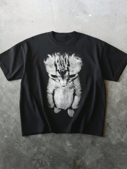 Sad Kitten Standing Cat T-Shirt With Printed Round Neck, Casual Summer Black Clothing