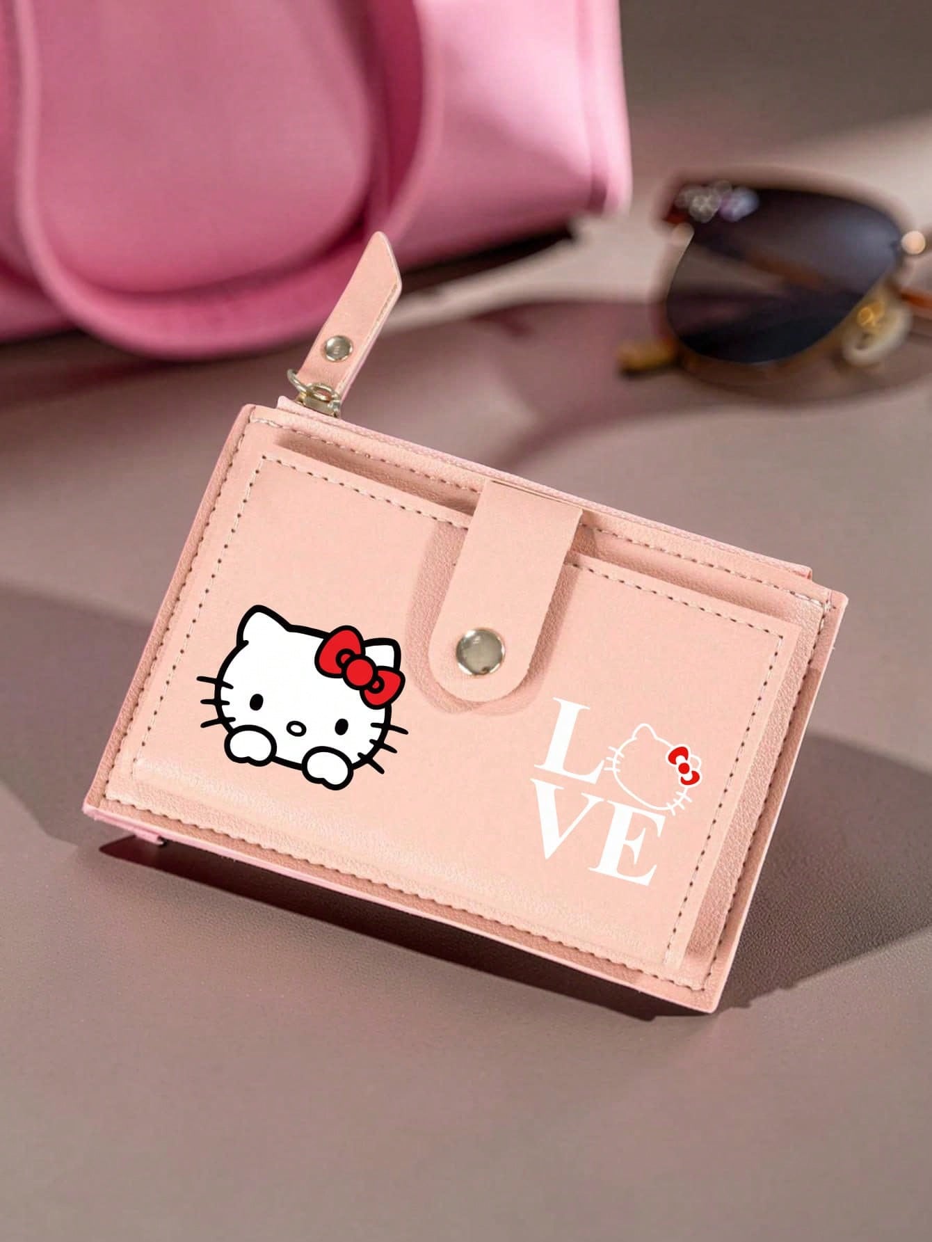 SANRIO 1PC Hello Kitty Women Short Wallet, Faux Leather Multi-Card Holder With Snap Button, LOVE Print Slim Coin Purse For Daily Use & Travel