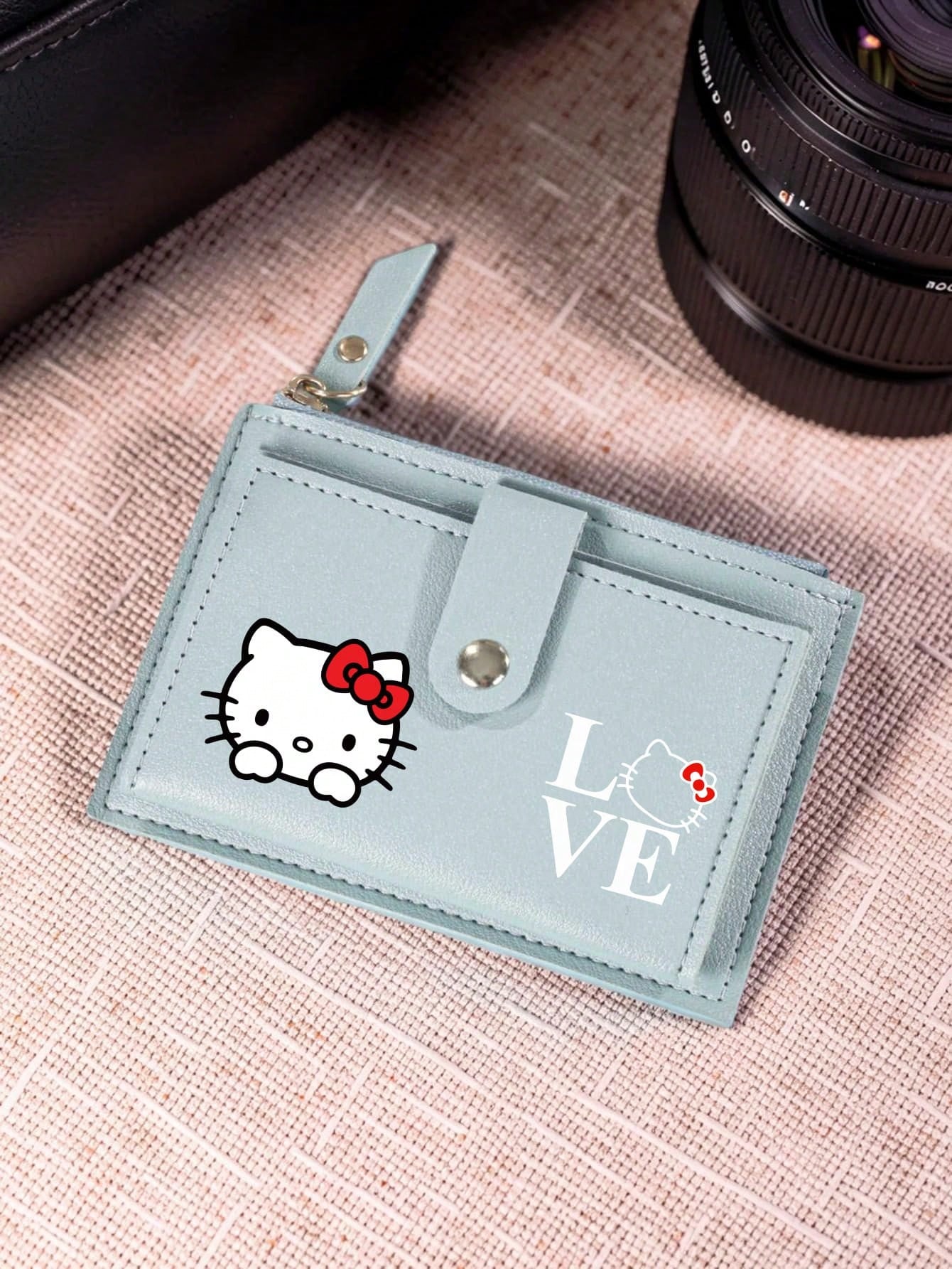 SANRIO 1PC Hello Kitty Women Short Wallet, Faux Leather Multi-Card Holder With Snap Button, LOVE Print Slim Coin Purse For Daily Use & Travel