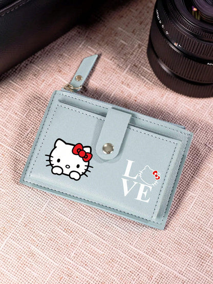 SANRIO 1PC Hello Kitty Women Short Wallet, Faux Leather Multi-Card Holder With Snap Button, LOVE Print Slim Coin Purse For Daily Use & Travel