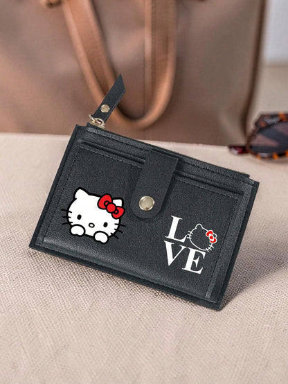 SANRIO 1PC Hello Kitty Women Short Wallet, Faux Leather Multi-Card Holder With Snap Button, LOVE Print Slim Coin Purse For Daily Use & Travel
