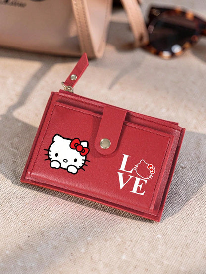 SANRIO 1PC Hello Kitty Women Short Wallet, Faux Leather Multi-Card Holder With Snap Button, LOVE Print Slim Coin Purse For Daily Use & Travel