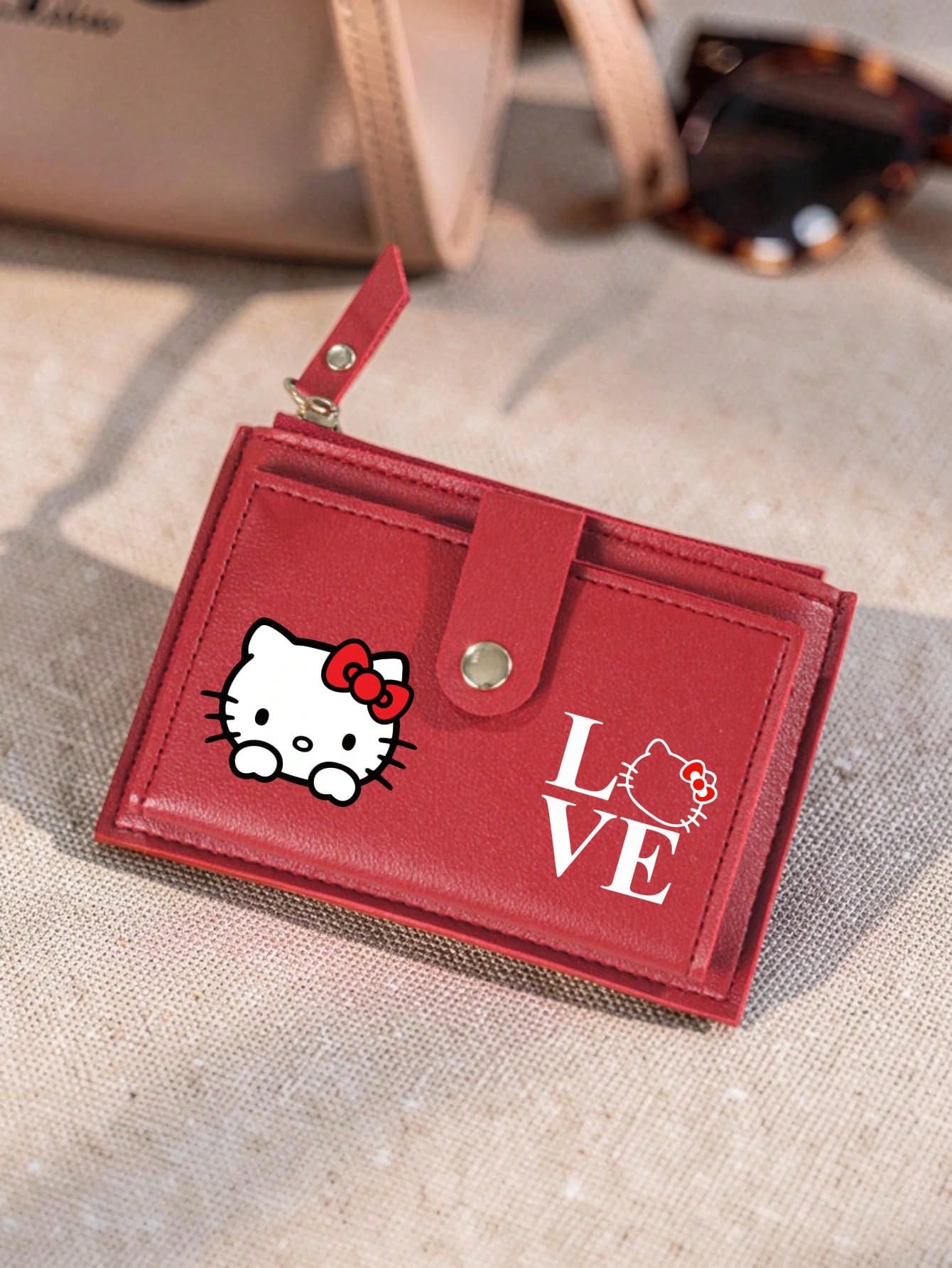 SANRIO 1PC Hello Kitty Women Short Wallet, Faux Leather Multi-Card Holder With Snap Button, LOVE Print Slim Coin Purse For Daily Use & Travel