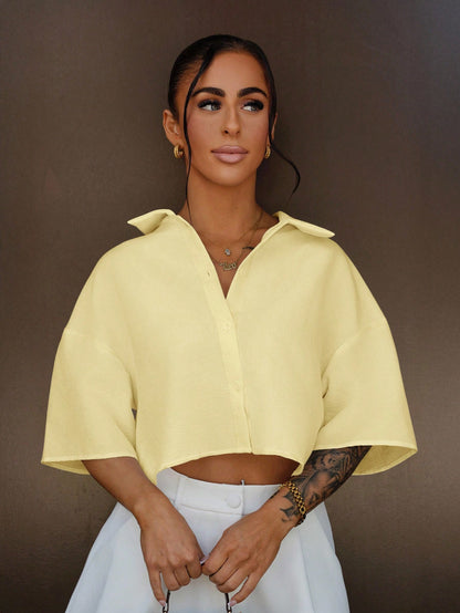 SAYEHFBABY Yellow Woven Cropped Blouse For Women, Aesthetic Summer Shirt