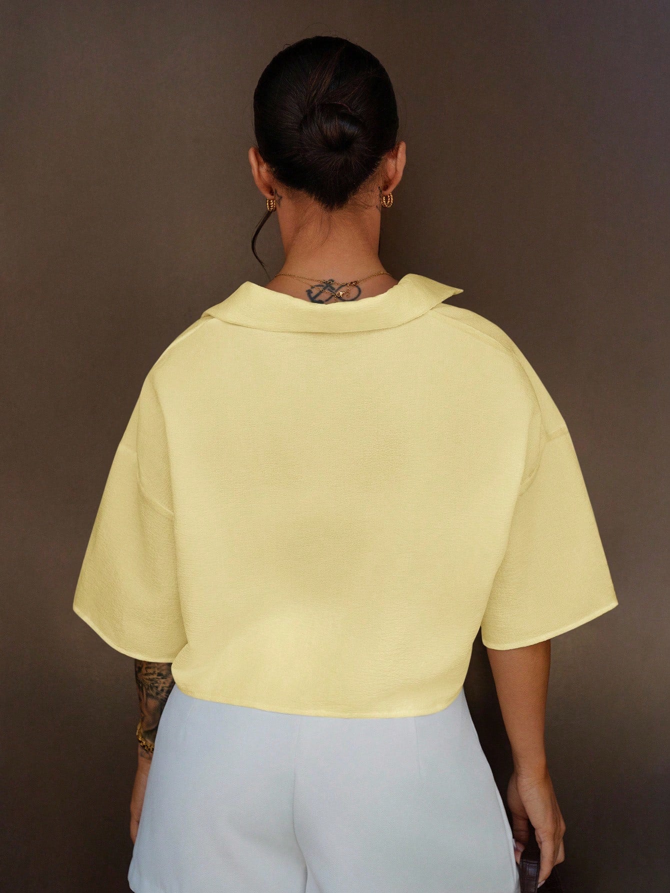 SAYEHFBABY Yellow Woven Cropped Blouse For Women, Aesthetic Summer Shirt