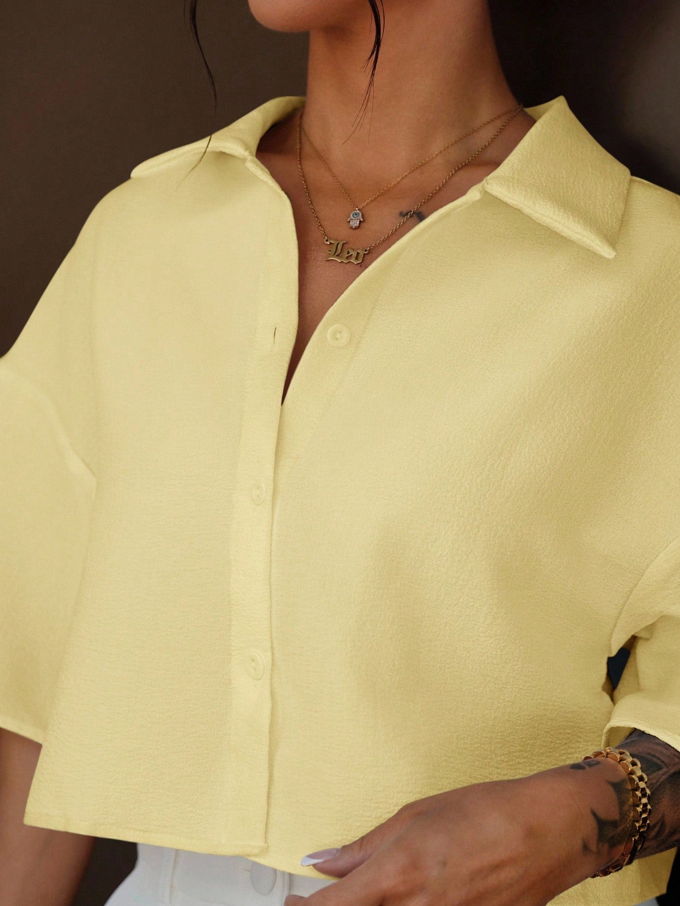 SAYEHFBABY Yellow Woven Cropped Blouse For Women, Aesthetic Summer Shirt