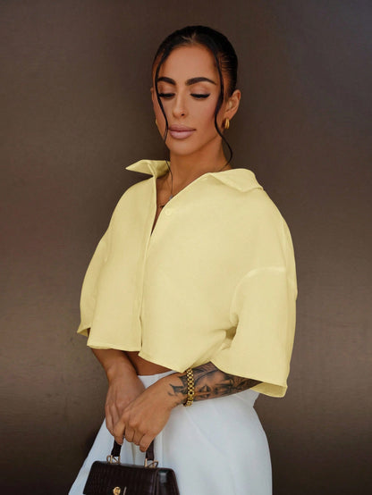 SAYEHFBABY Yellow Woven Cropped Blouse For Women, Aesthetic Summer Shirt