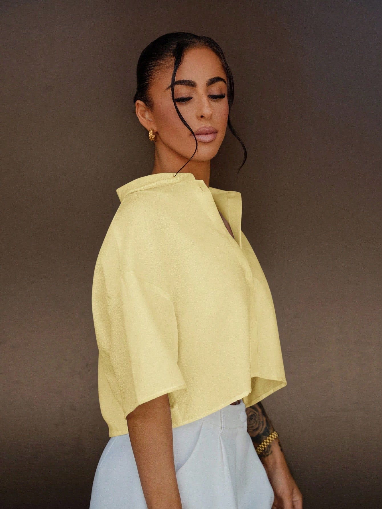 SAYEHFBABY Yellow Woven Cropped Blouse For Women, Aesthetic Summer Shirt