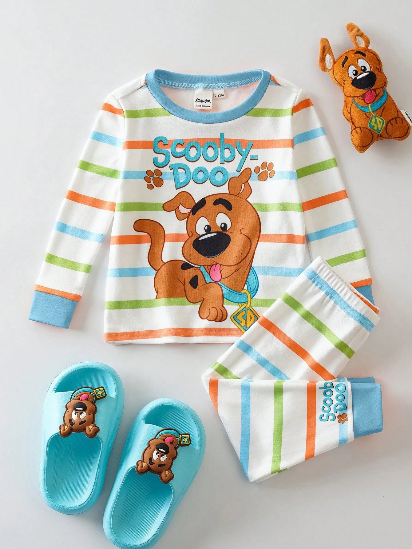 SCOOBY-DOO X 2pcs/Set Baby Boy Cute Cartoon Puppy & Letter Colorful Striped Print Round Neck Long Sleeve Top And Pants Casual Elastic Snug Fit Pajama Set