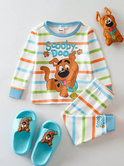 SCOOBY-DOO X 2pcs/Set Baby Boy Cute Cartoon Puppy & Letter Colorful Striped Print Round Neck Long Sleeve Top And Pants Casual Elastic Snug Fit Pajama Set