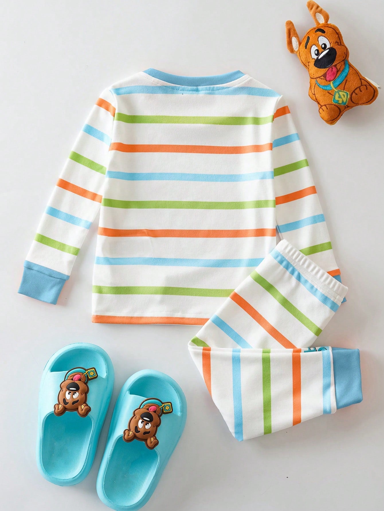 SCOOBY-DOO X 2pcs/Set Baby Boy Cute Cartoon Puppy & Letter Colorful Striped Print Round Neck Long Sleeve Top And Pants Casual Elastic Snug Fit Pajama Set