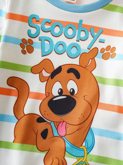 SCOOBY-DOO X 2pcs/Set Baby Boy Cute Cartoon Puppy & Letter Colorful Striped Print Round Neck Long Sleeve Top And Pants Casual Elastic Snug Fit Pajama Set