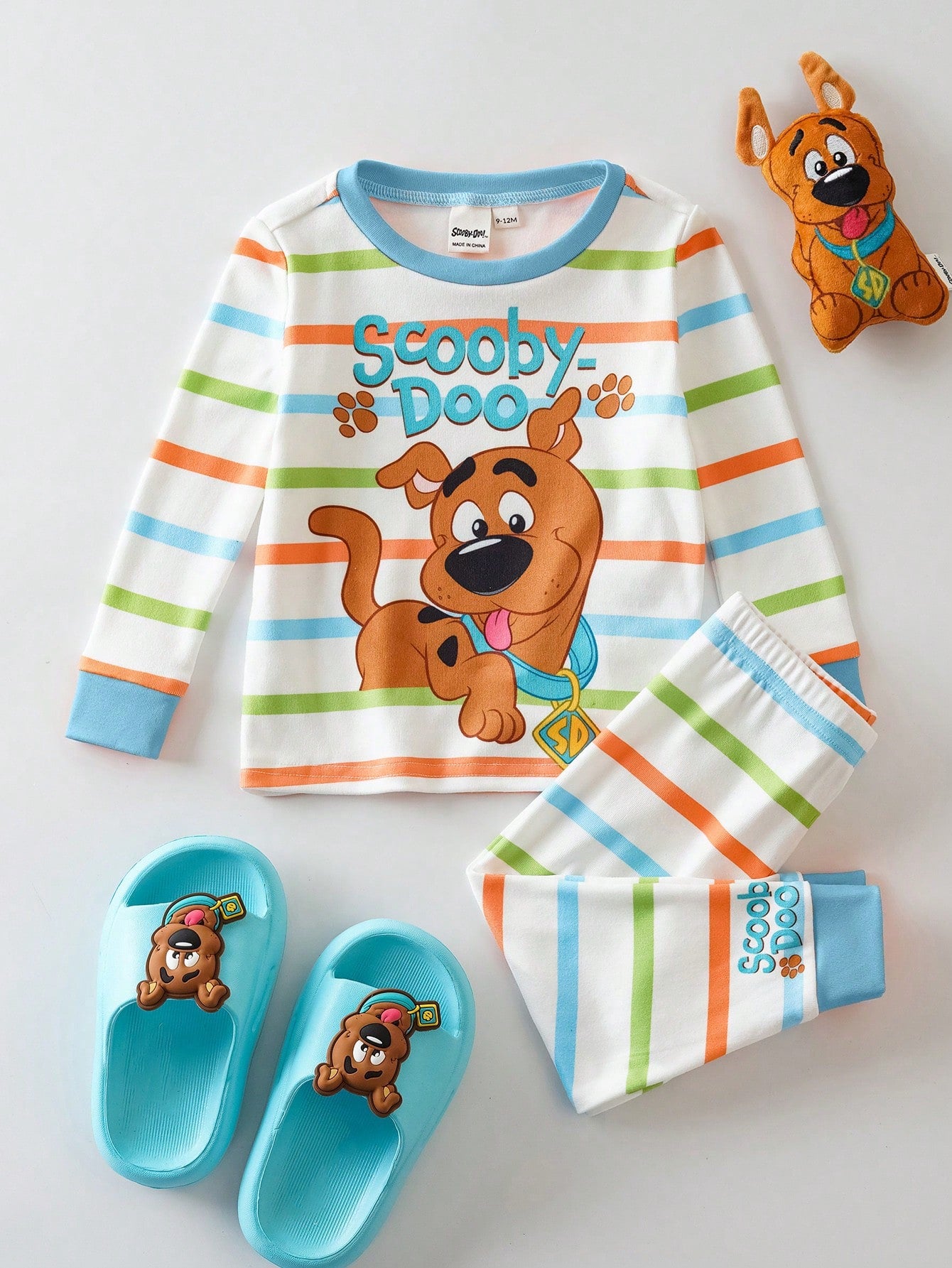 SCOOBY-DOO X 2pcs/Set Baby Boy Cute Cartoon Puppy & Letter Colorful Striped Print Round Neck Long Sleeve Top And Pants Casual Elastic Snug Fit Pajama Set