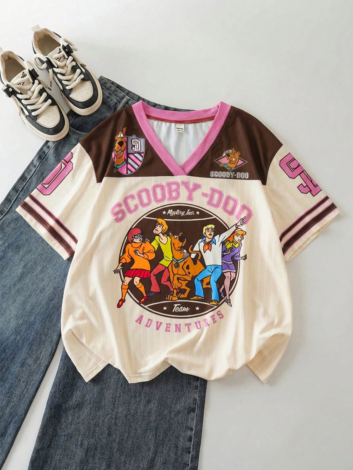 SCOOBY-DOO X Plus Size Casual Colorblock Cartoon Figure Graphic V-Neck Short Sleeve T-Shirt, Summer Graphic Tee