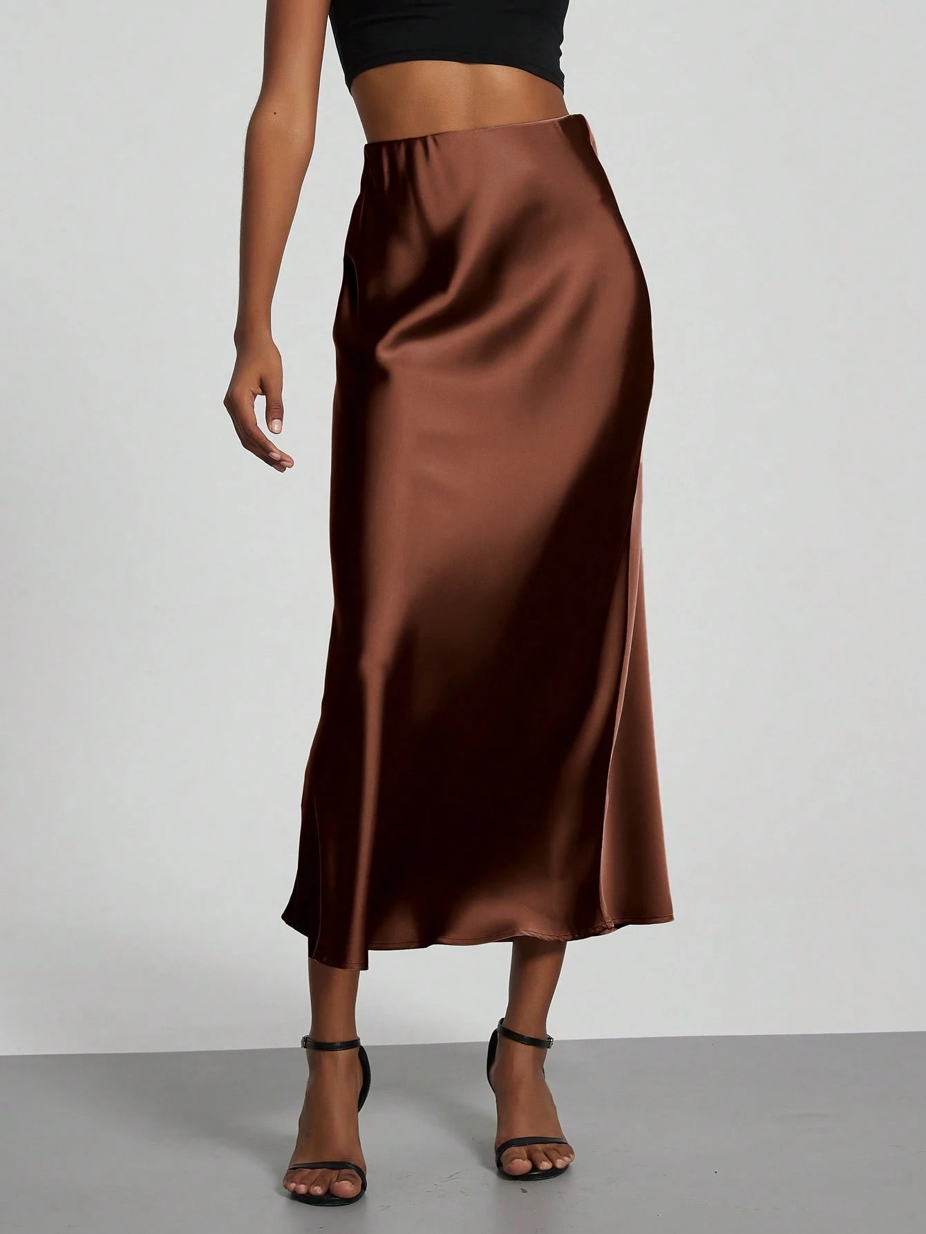 Se-Helo Women's Fashion All-Season Satin Elastic Waist Skirt- Chestnut Brown Spring Elegant
