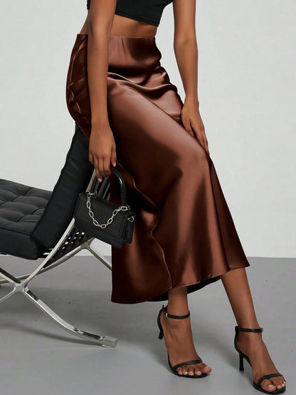 Se-Helo Women's Fashion All-Season Satin Elastic Waist Skirt- Chestnut Brown Spring Elegant