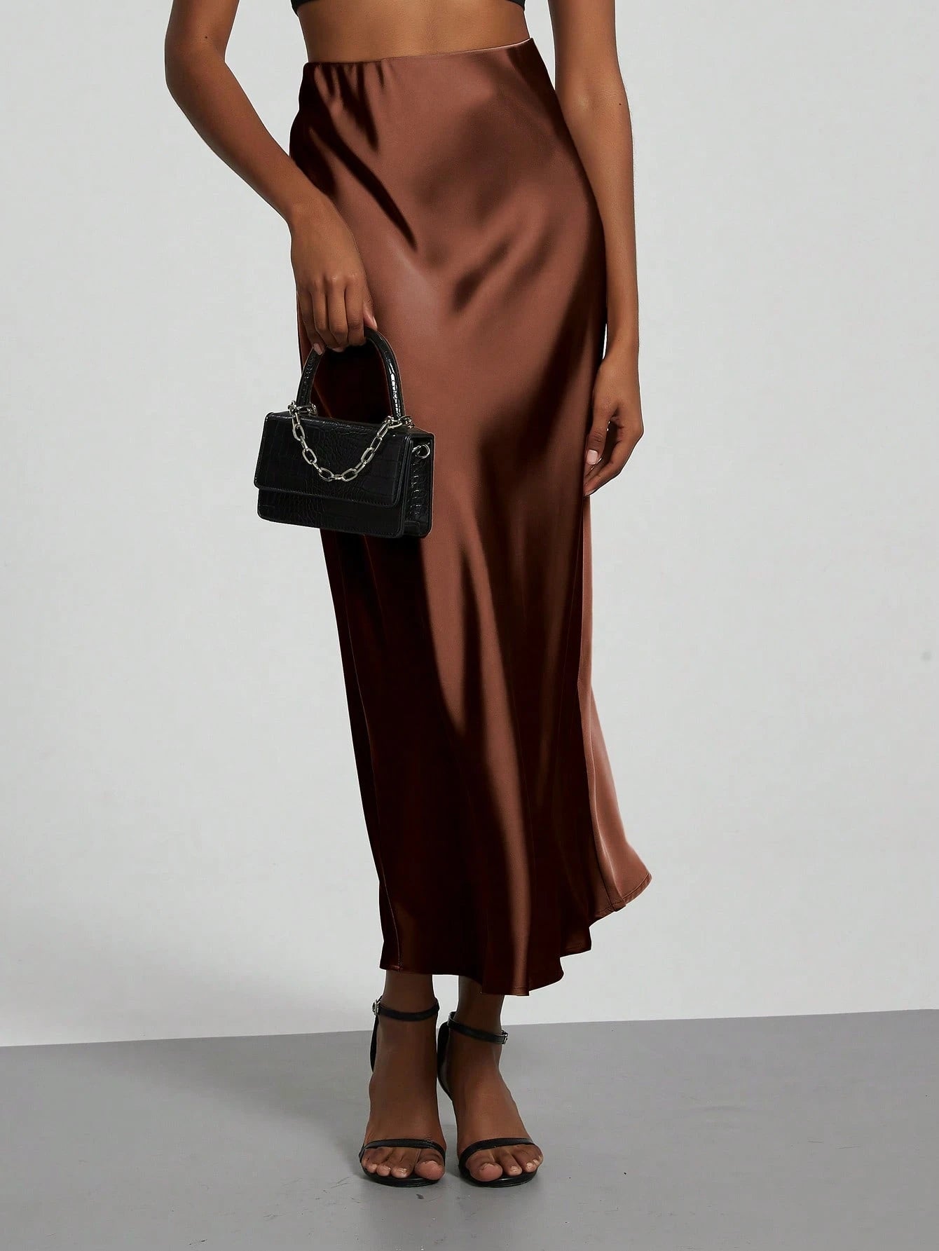 Se-Helo Women's Fashion All-Season Satin Elastic Waist Skirt- Chestnut Brown Spring Elegant