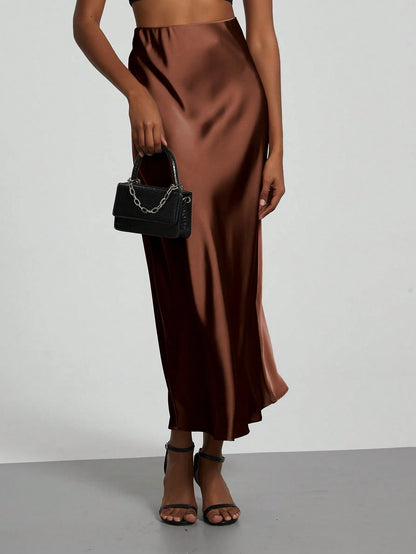 Se-Helo Women's Fashion All-Season Satin Elastic Waist Skirt- Chestnut Brown Spring Elegant
