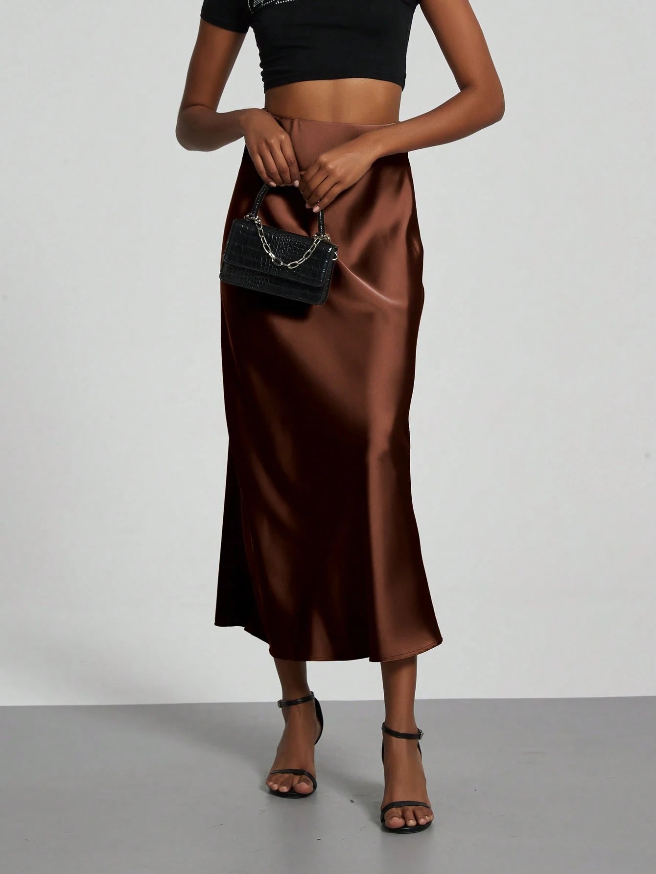 Se-Helo Women's Fashion All-Season Satin Elastic Waist Skirt- Chestnut Brown Spring Elegant