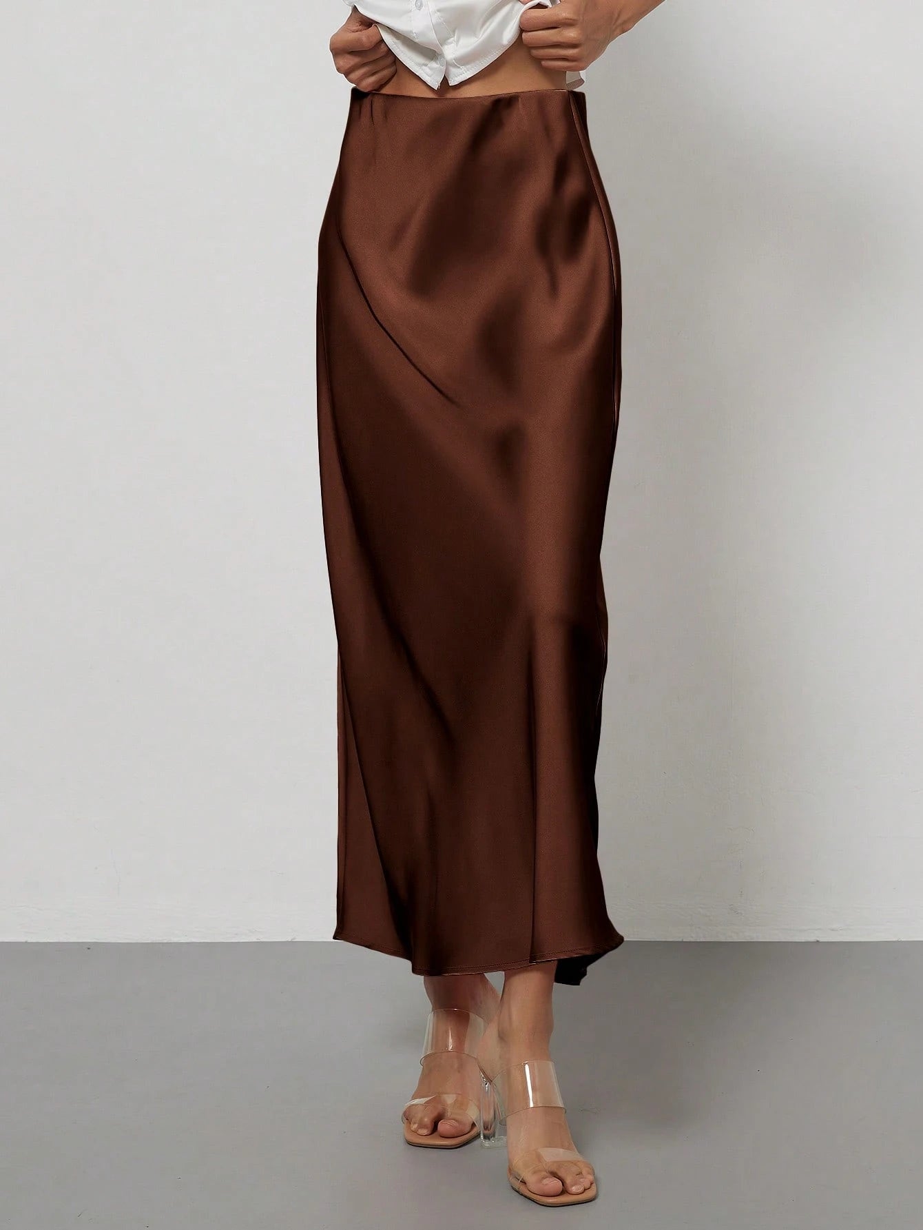 Se-Helo Women's Fashion All-Season Satin Elastic Waist Skirt- Chestnut Brown Spring Elegant