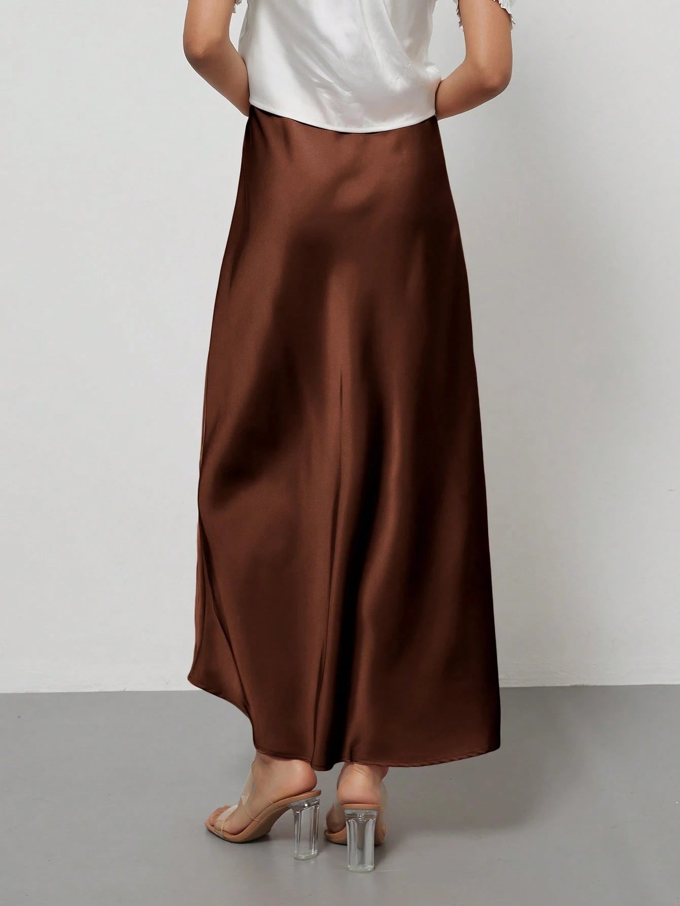 Se-Helo Women's Fashion All-Season Satin Elastic Waist Skirt- Chestnut Brown Spring Elegant
