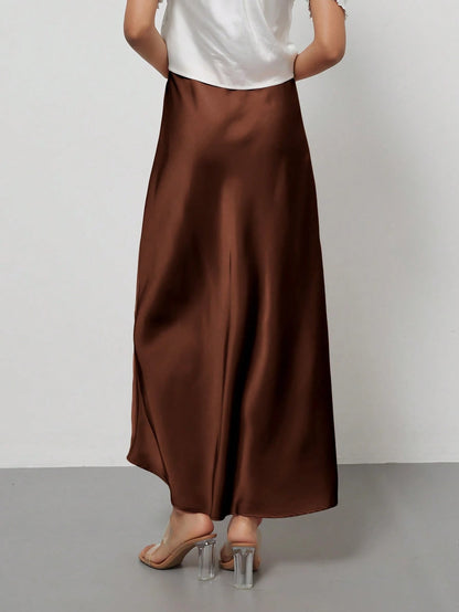 Se-Helo Women's Fashion All-Season Satin Elastic Waist Skirt- Chestnut Brown Spring Elegant