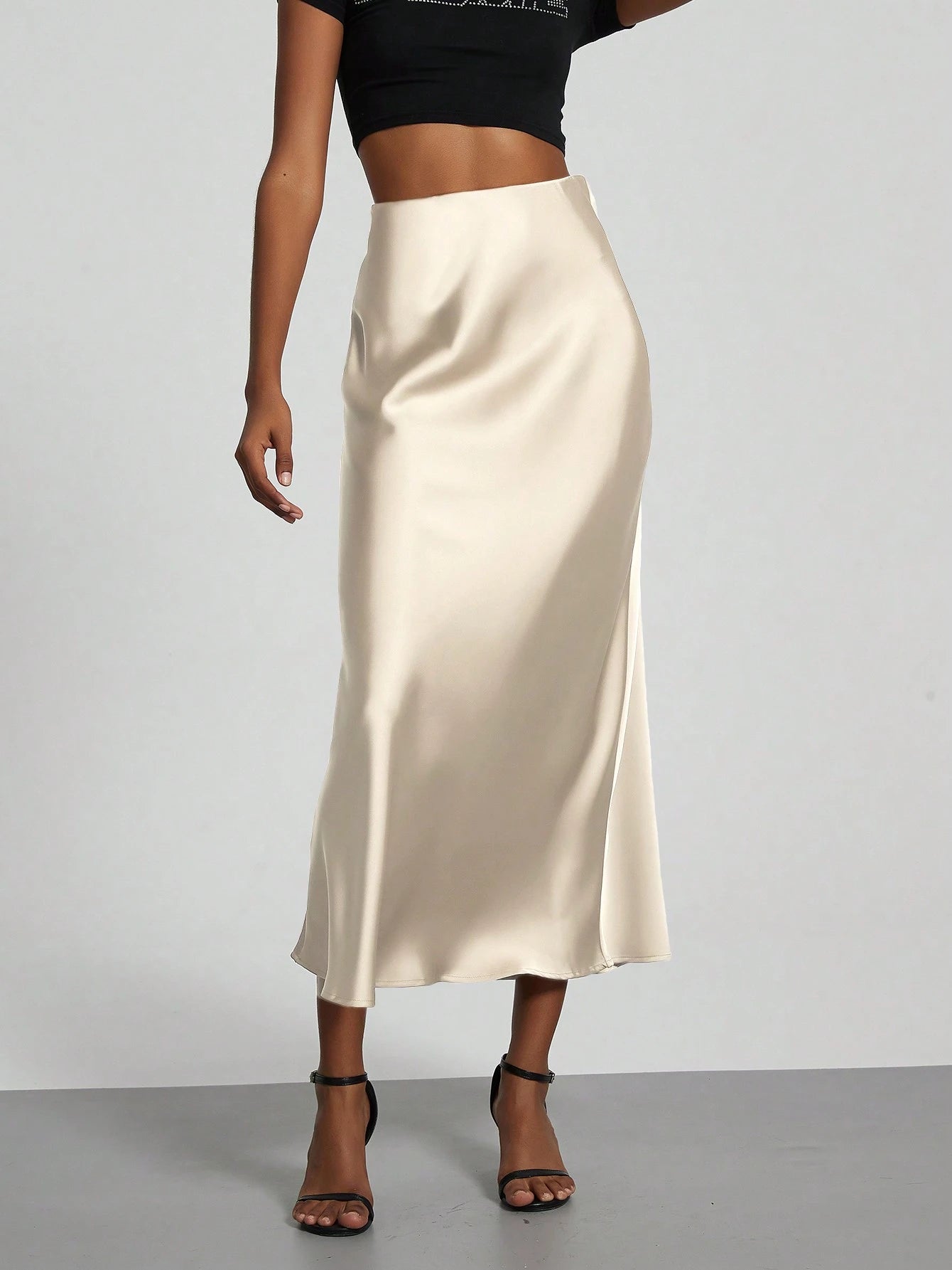Se-Helo Women's Fashion All-Season Satin Elastic Waist Skirt- Chestnut Brown Spring Elegant