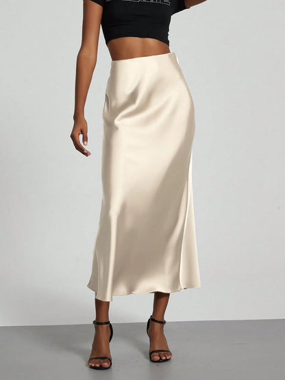 Se-Helo Women's Fashion All-Season Satin Elastic Waist Skirt- Chestnut Brown Spring Elegant