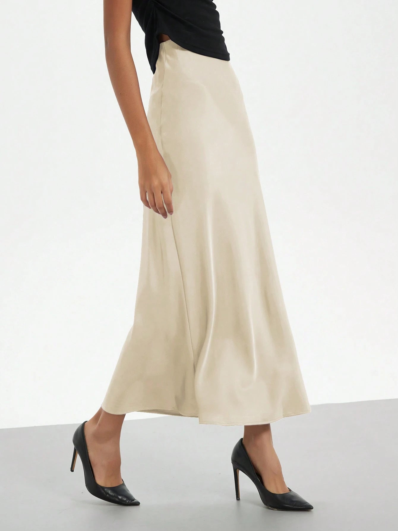 Se-Helo Women's Fashion All-Season Satin Elastic Waist Skirt- Chestnut Brown Spring Elegant
