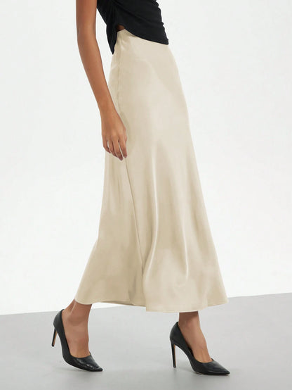 Se-Helo Women's Fashion All-Season Satin Elastic Waist Skirt- Chestnut Brown Spring Elegant