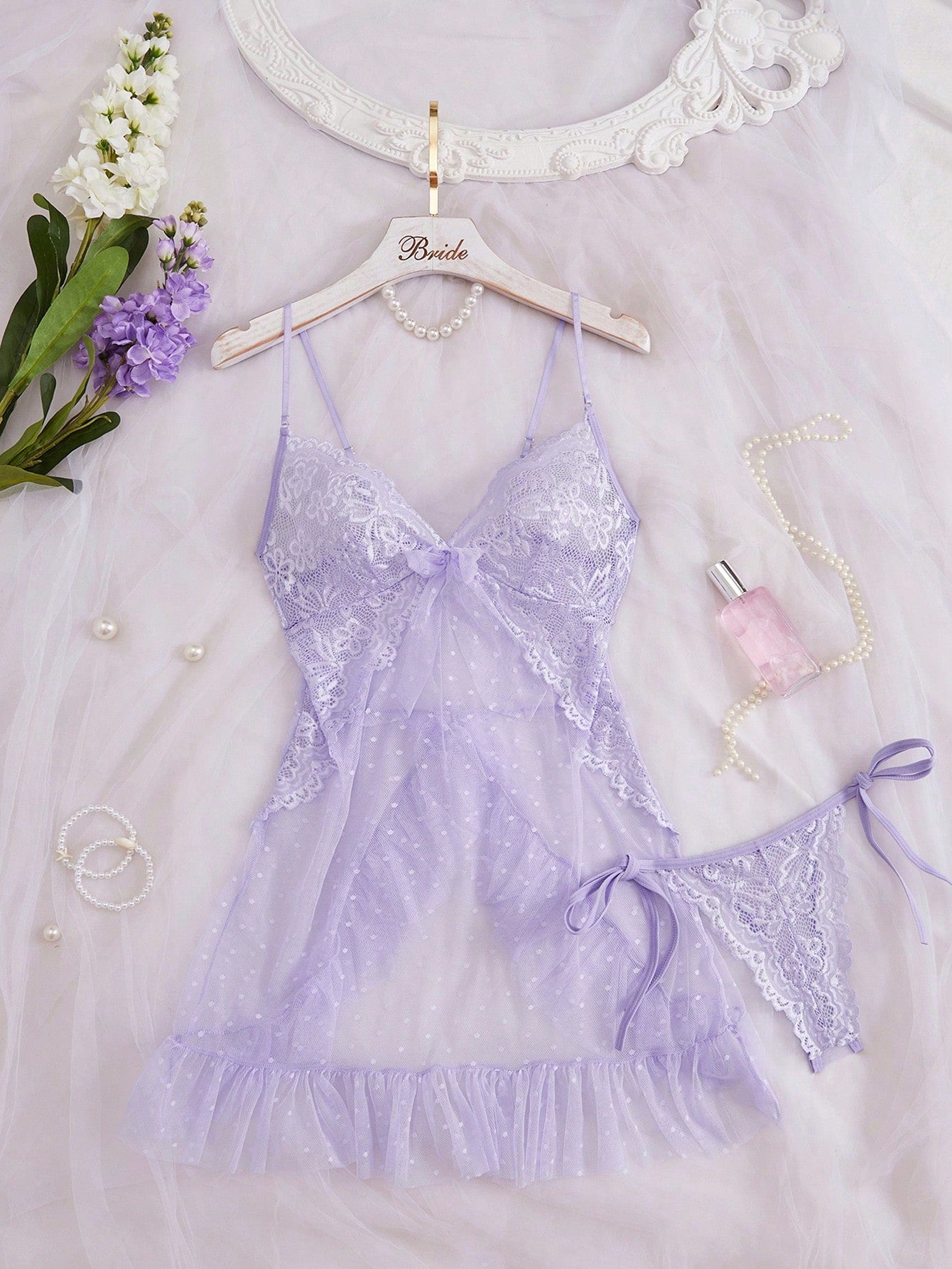 Seduluxe Women's Sexy Lace Mesh Patchwork Dress + G-String 2pcs Set