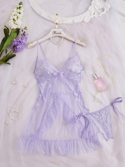 Seduluxe Women's Sexy Lace Mesh Patchwork Dress + G-String 2pcs Set