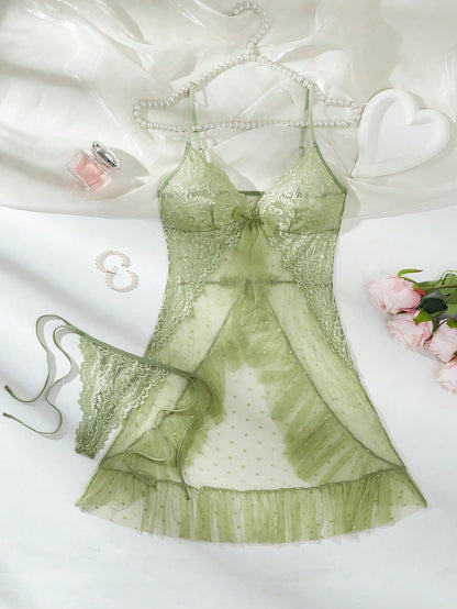Seduluxe Women's Sexy Lace Mesh Patchwork Dress + G-String 2pcs Set