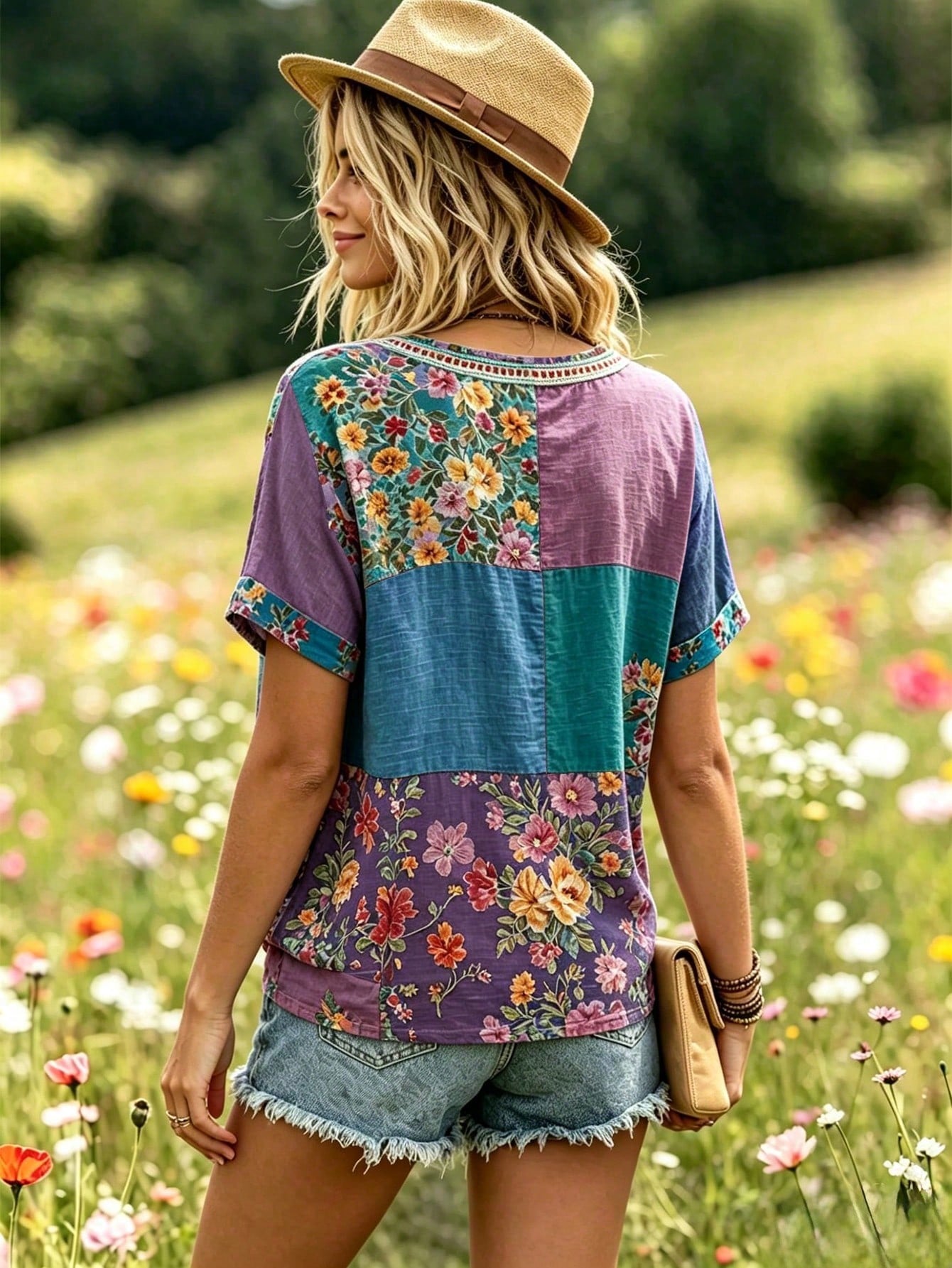 Selamara Plus Size Bohemian Style Pink & Brown Floral Faux Embroidery V-Neck T-Shirt, Summer Vacation Casual Short Sleeve Tee