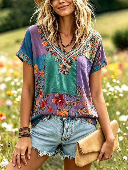 Selamara Plus Size Bohemian Style Pink & Brown Floral Faux Embroidery V-Neck T-Shirt, Summer Vacation Casual Short Sleeve Tee