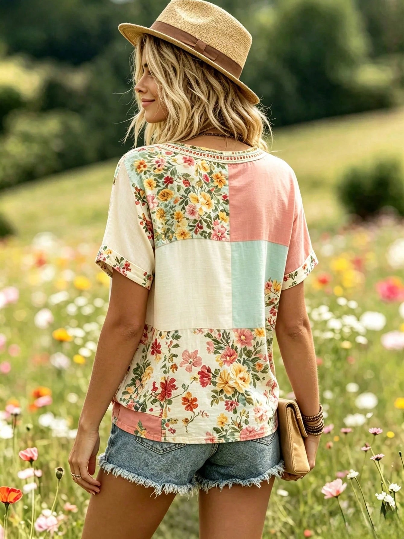 Selamara Plus Size Bohemian Style Pink & Brown Floral Faux Embroidery V-Neck T-Shirt, Summer Vacation Casual Short Sleeve Tee