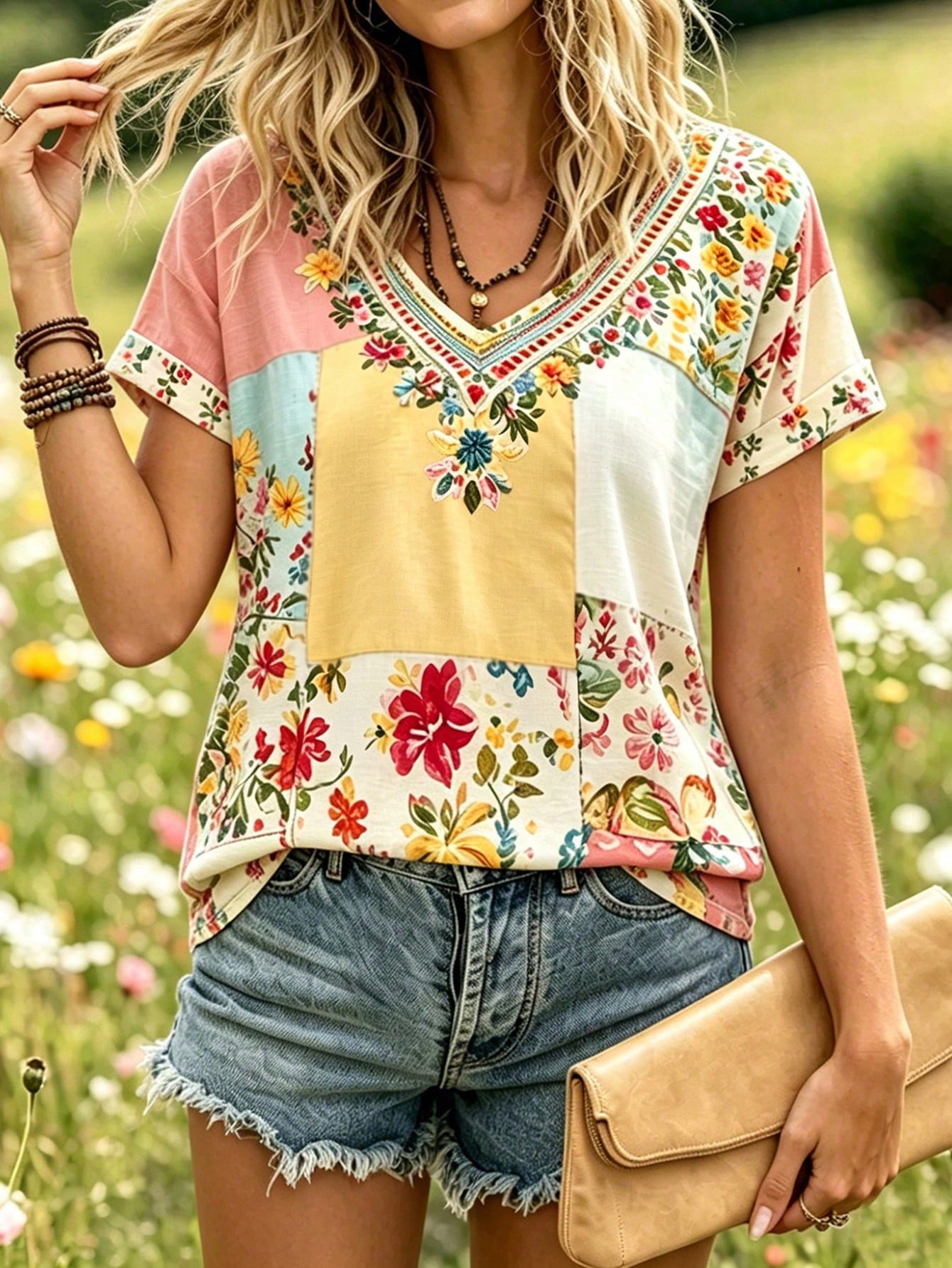 Selamara Plus Size Bohemian Style Pink & Brown Floral Faux Embroidery V-Neck T-Shirt, Summer Vacation Casual Short Sleeve Tee